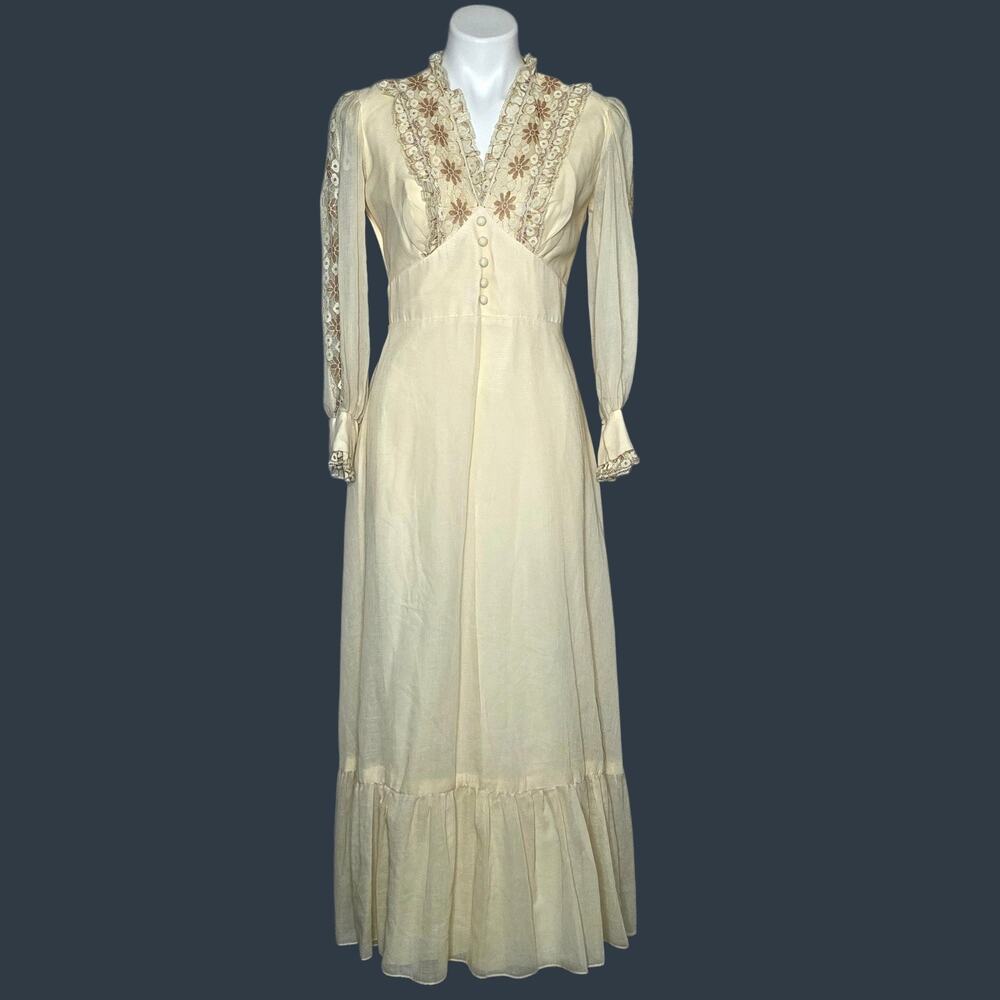 Victorian Prairie Vintage Wedding Dress | Long Sleeve Floral Lace Maxi, sz Small